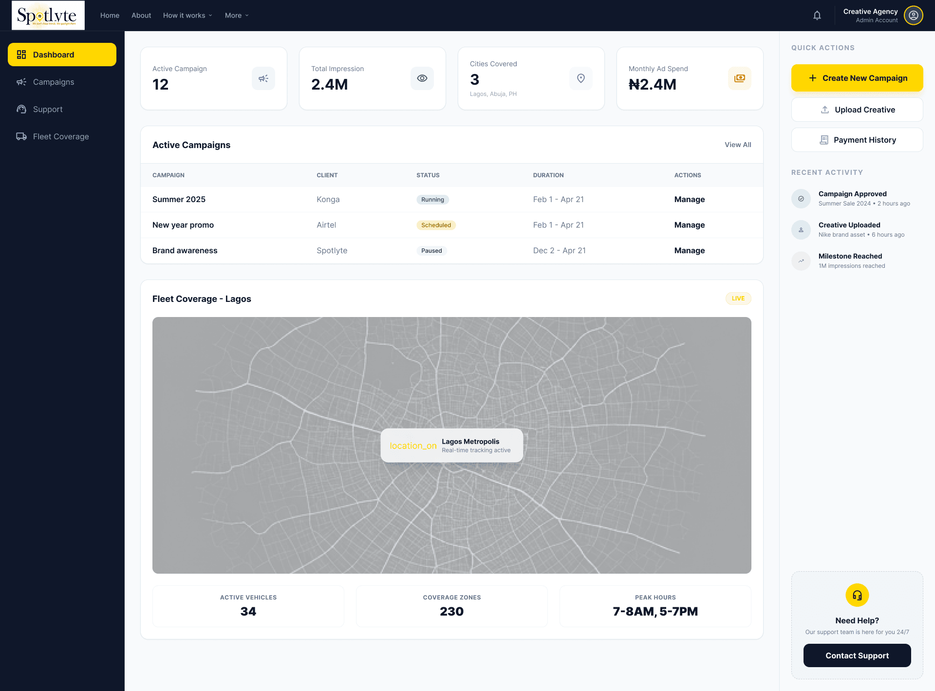 Spotlyte campaign dashboard with active campaigns and fleet coverage